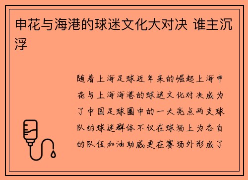 申花与海港的球迷文化大对决 谁主沉浮